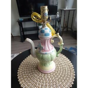 Whimsical Teapot Table Lamp Pastel Colors Butterfly Ceramic Artsy
